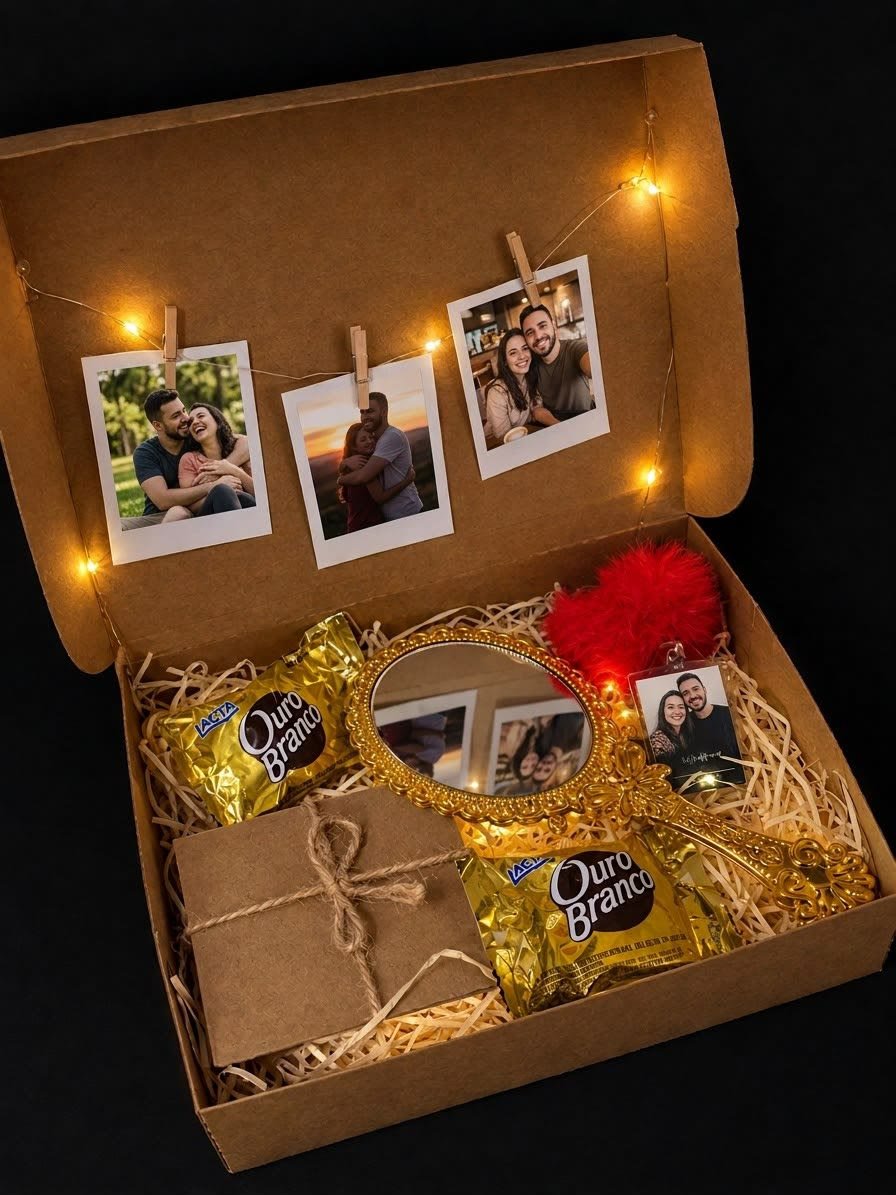 Caixinha kraft com mini polaroids no varal, espelho dourado, chaveiro e chocolates