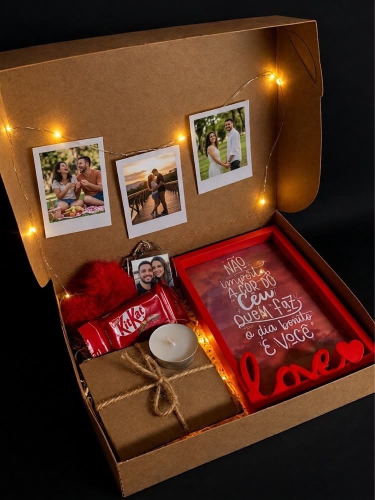 Caixinha kraft com mini polaroids, chaveiro, vela e quadrinho com frase